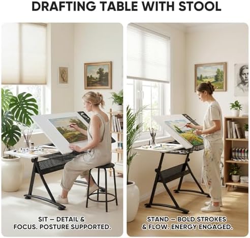 Magshion Drafting Table for Adults w/Stool, White