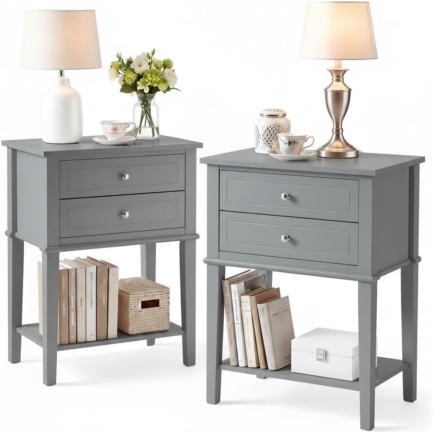 SEJOV EJOV 28" Tall Nightstand Set 2 with 2 Drawers and Open Shelf, Gray...