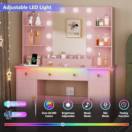 HUANLEGO Vanity Desk with Mirror and Lights, Makeup Vanity with Mirror and LE...