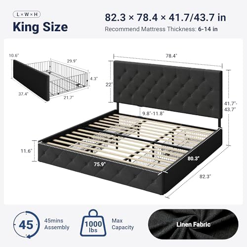 Allewie King Size Storage Bed Frame with 4 Underbed Drawers, Dark Grey