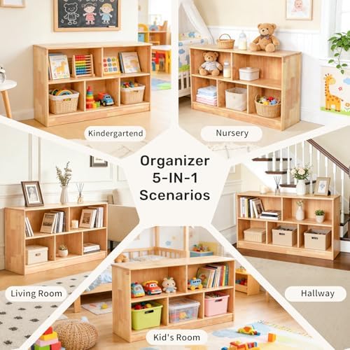 WINGYZ Rubber Wood Montessori Bookshelf, 5-Section Wooden Storage Cabinet