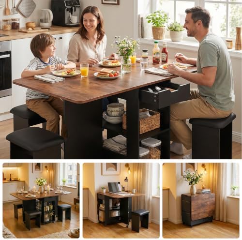 Mondeer 55" Folding Dining Table and Chairs Set 4, Cushioned Stools