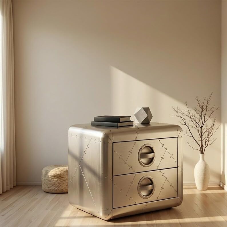 Aviator Side Table with 2 Drawers, Aluminum Stool, Aviation Home Office Decor...