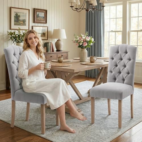 Tufted Dining Chair Fabric Button Upholstered Modern Kitchen Diner Set of 2