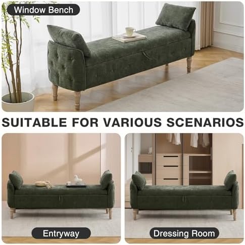 67"End of Bed Storage Bench King Size,Upholstered Bedroom Bench,Green | ...