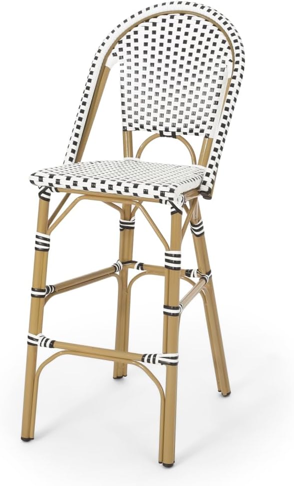 Saiveina 29.5" Outdoor PE Rattan French Barstool, White and Black, Alumi...