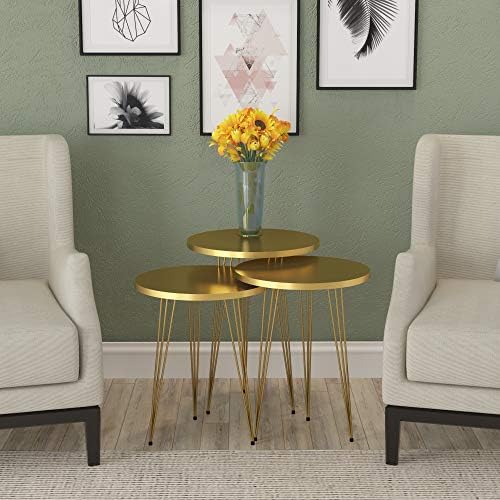 Set of 3 High Gloss Gold Nesting End Tables Round Wood Stacking Coffee Side A...