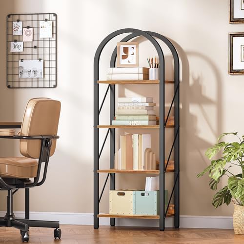 HOOBRO Bookshelf, 4-Tier Arched Bookshelf, Industrial Bookcase with Metal Fra...