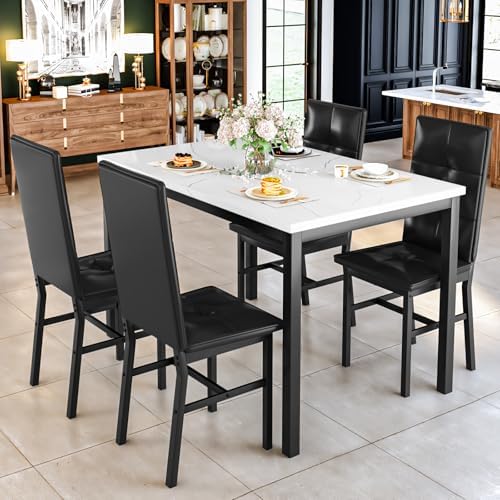 Hooseng Dining Table Set for 4, Faux Marble Small Kitchen Table with 4 PU Lea...