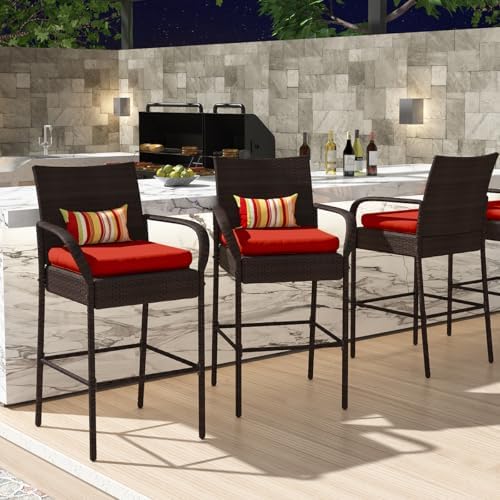 Sundale Outdoor Wicker Bar Stool Set of 4, Patio Counter Height Pub Chair