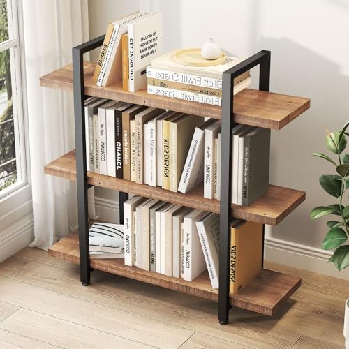 HSH 3 Tier Industrial Solid Wood Bookshelf, Distressed Brown