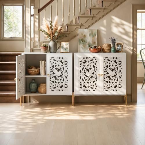 DHZ Accent Cabinet with Doors, Hollow-Carved Pattern Buffet Cabinet with Stor...