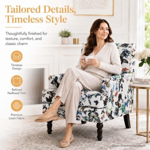 Vintage Floral Accent Chair, Upholstered High Back Lounge Armchair for Living...