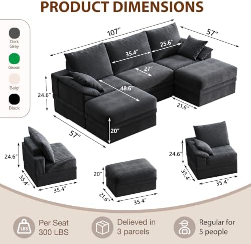 107" Modular Sectional Sofa Couch with Storage,U-Shape 3 Seat Comfy Mode...