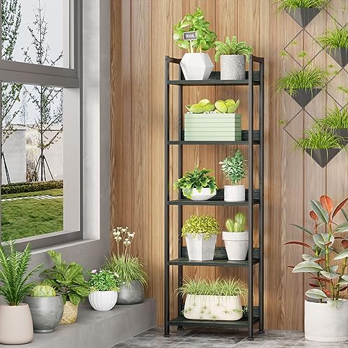 Furologee 5 Tier Bookshelf with Drawer, Tall Narrow Bookcase, Black Oak