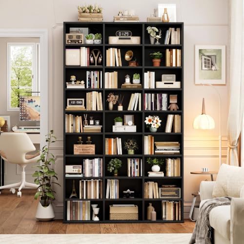 FOTOSOK 75'' H Black Bookshelf with 27 Cubes, Triple Wide Tall Bookcase