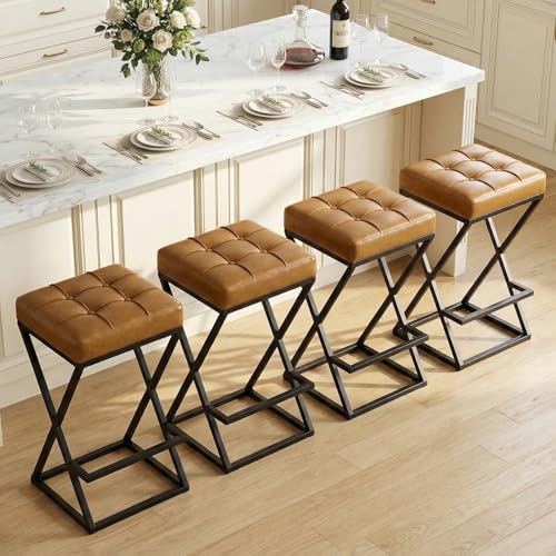 Bar Stools Set of 2, 26 Inch Counter Height Stool Faux Leather Brown | Backle...