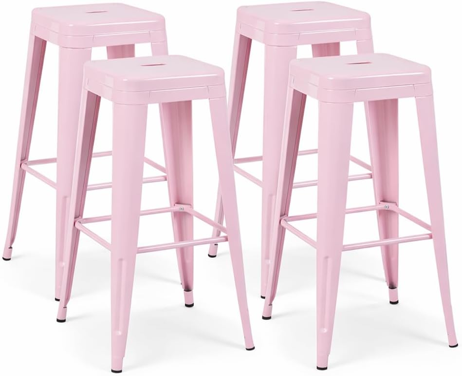 30 Inch Pink Metal Bar Stools, Set of 4, Backless