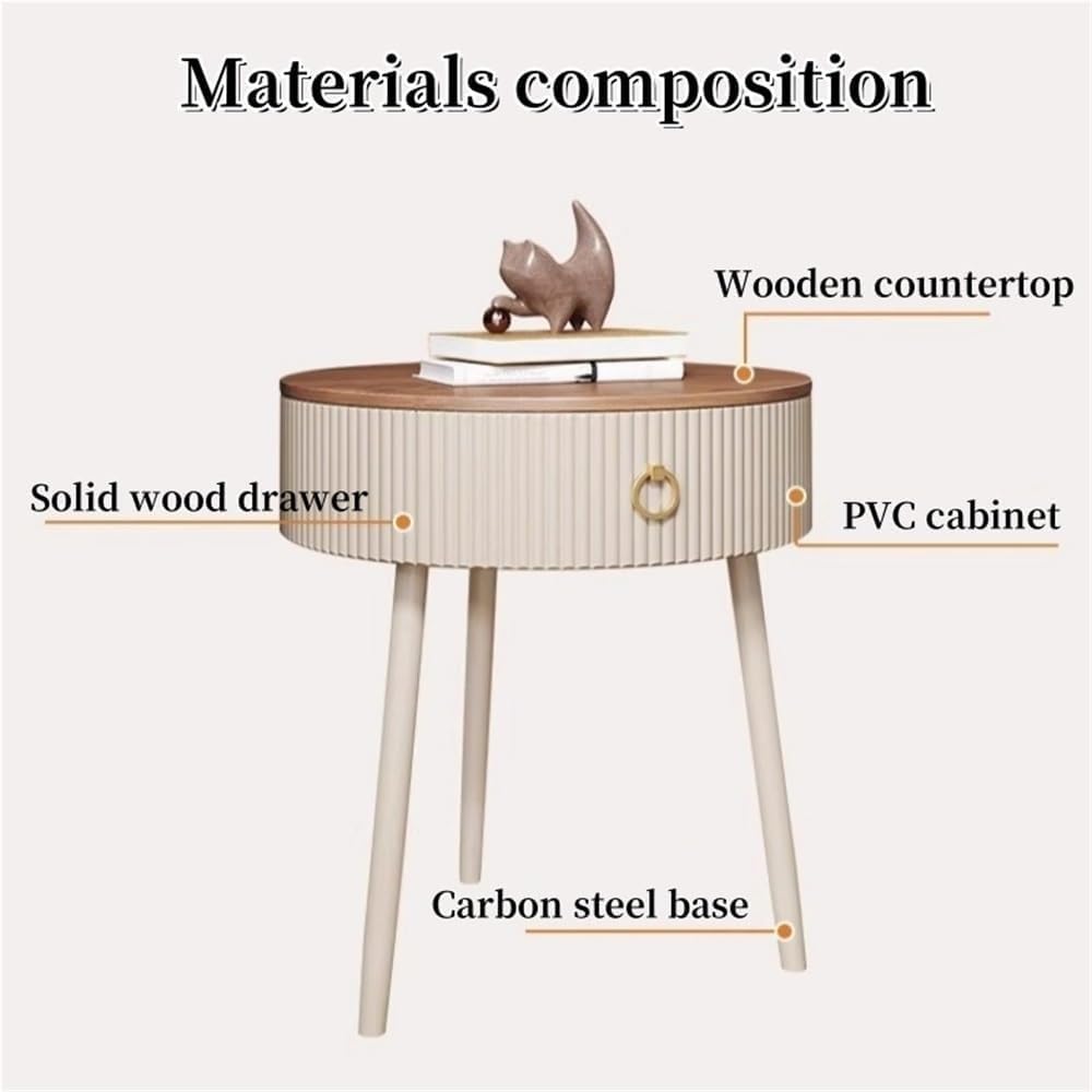Modern Round End Table with Drawer Wood Double Storage Nightstand Side Table ...