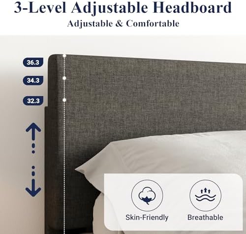 Allewie King Size Upholstered Bed Frame Adjustable Headboard, Dark Grey