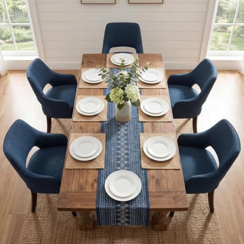 Blue Linen Upholstered Dining Room Chairs Set of 2 with Arms
