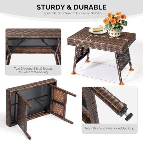 VINGLI Outdoor Folding Rattan Side Table, Portable Wicker End Table for Patio...