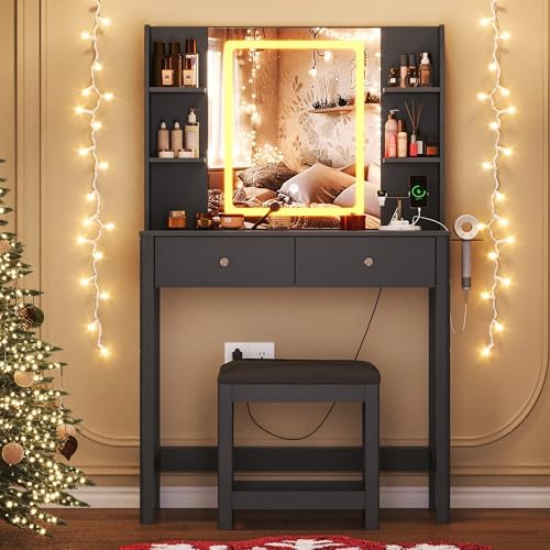 Vanity Desk with LED Mirror, 3 Lighting Modes and Chair
