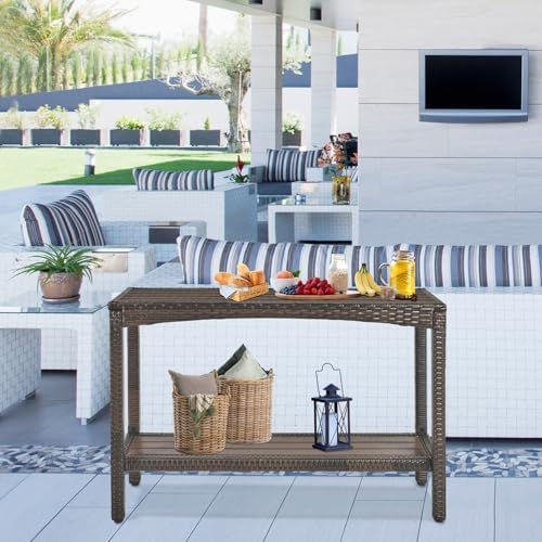 Outdoor Console Table Patio Buffet Bar Storage Organizer 45" Long Wicker...