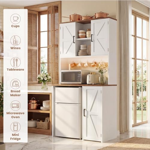 Unikito Mini Fridge Cabinet with Storage, Outlet and LED Light, White