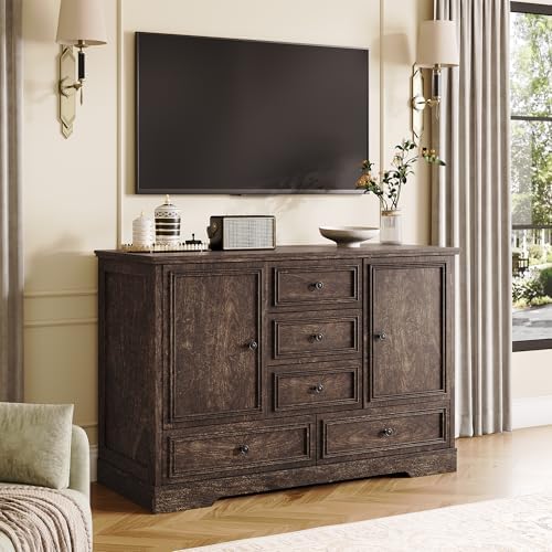GarveeHome 47” Farmhouse Sideboard Buffet Cabinet,5 Drawers,2 Doors,Brown01