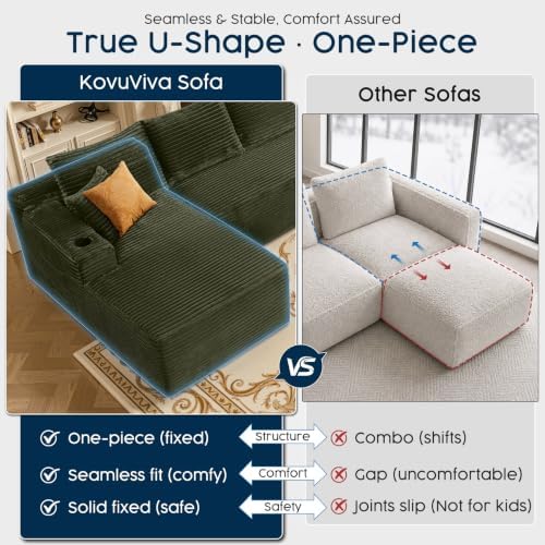 Green 134 Inch U-Shaped Modular Sectional Sofa, Corduroy Cloud Couch with Dua...