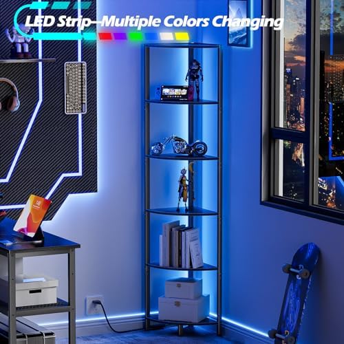 Furnulem 6 Tier Corner Shelf with LED Light, 67.5" Black Narrow Bookshelf