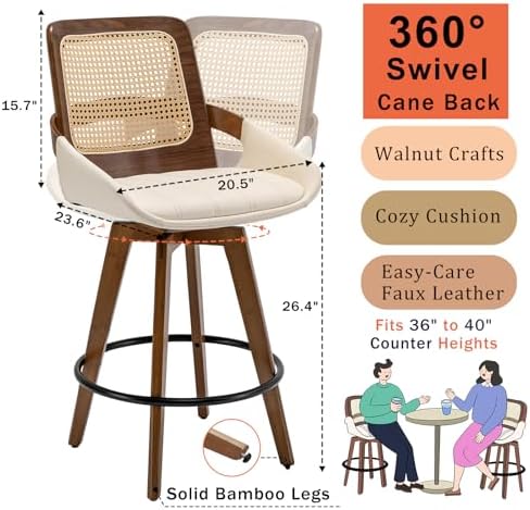 Mid Century Modern Counter Stools, Rattan Swivel Counter Stools with Back | N...