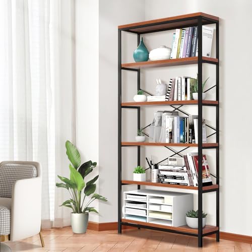 Himimi 6-Tier Bookshelf, 71'' Tall Bookcase Vintage Storage Shelf, Di...
