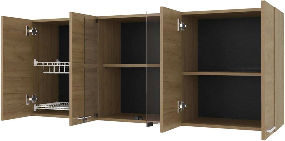 Wall Cabinet Kitchen 4 Doors and Glass Storage, Natural Oak,for Kitchen