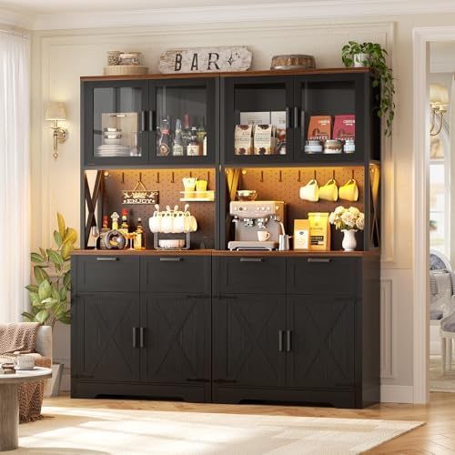 Unikito 71" Kitchen Pantry Cabinet with LED Light & Outlet, Microwav...