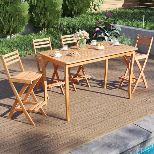 Tangkula Patio Folding Barstool, Outdoor Portable High Top Acacia Wood Bar He...