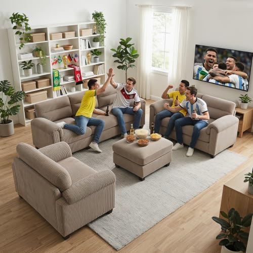 HAOMARKETS Corduroy Sofa Set, Upholstered Ottoman Footrest, Modern Living Roo...