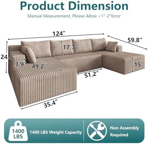 124" U-Shape Cloud Couch, Modern Modular Sectional U-Shape Sofa, Corduro...
