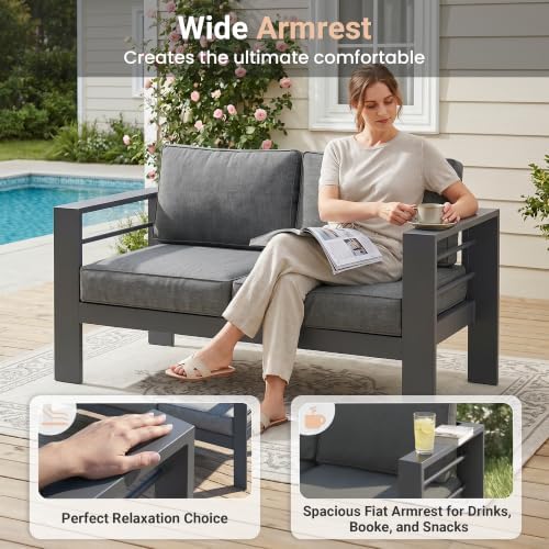 Aluminum 2Pcs Outdoor Patio Chairs, Patio Sofa with 10" Back Cushion, Grey