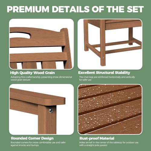 HDPE Outdoor Dining Set, Patio Table and 4 Chairs, 2" Umbrella Hole, Teak