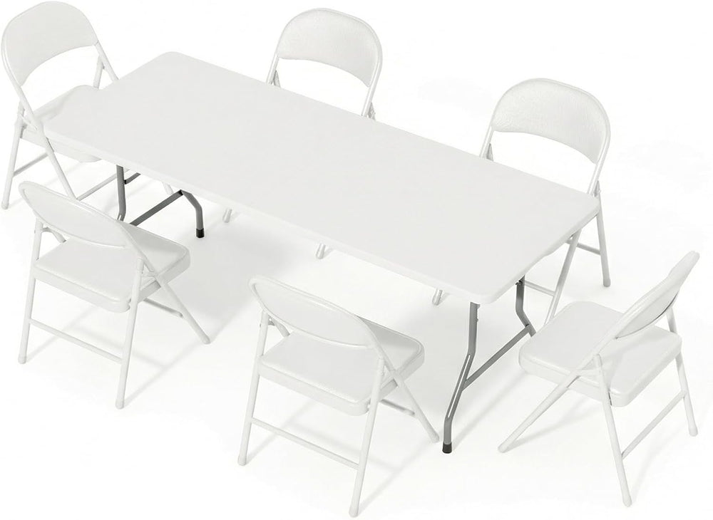 6FT White Plastic Folding Table Set with 6 White PU Padded Chairs | Portable ...