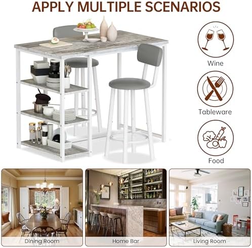 Recaceik Pub Dining Table Set for 2, Table and Bar Stools with 3 Storage Shel...