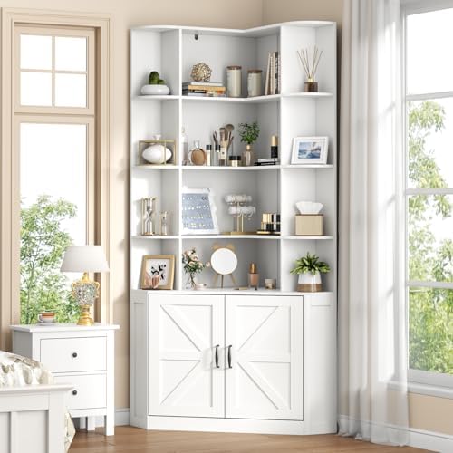 Corner Bookshelf with Doors, 6 Tier Corner Bookcase with Storage Cabinet