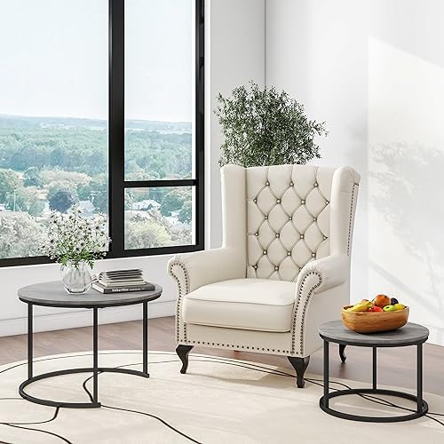 HOJINLINERO Round Nesting Coffee Tables Set of 2,Black+Warm Grey,Large | Cent...