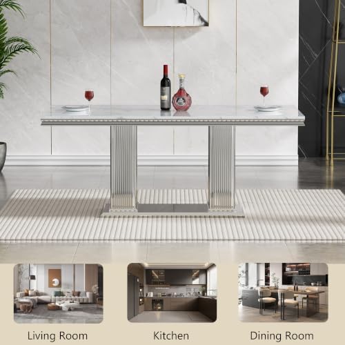 HomVent 68'' Silver Faux Marble Dining Table Set with 6 Grey Velvet C...