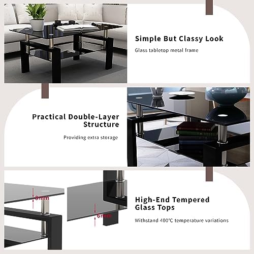 ODUSE-DAILY All Black Glass Coffee Table Set of 3 Piece, Living Room Table Se...