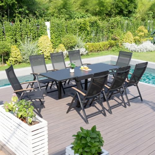 Pellebant 9 Piece Outdoor Dining Set for 8, Aluminum Table & Foldable Chair