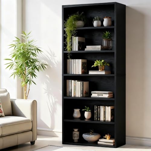 DUMOS 6-Tier Bookcase, 63 Inch Tall Open Bookshelf, Modern Black