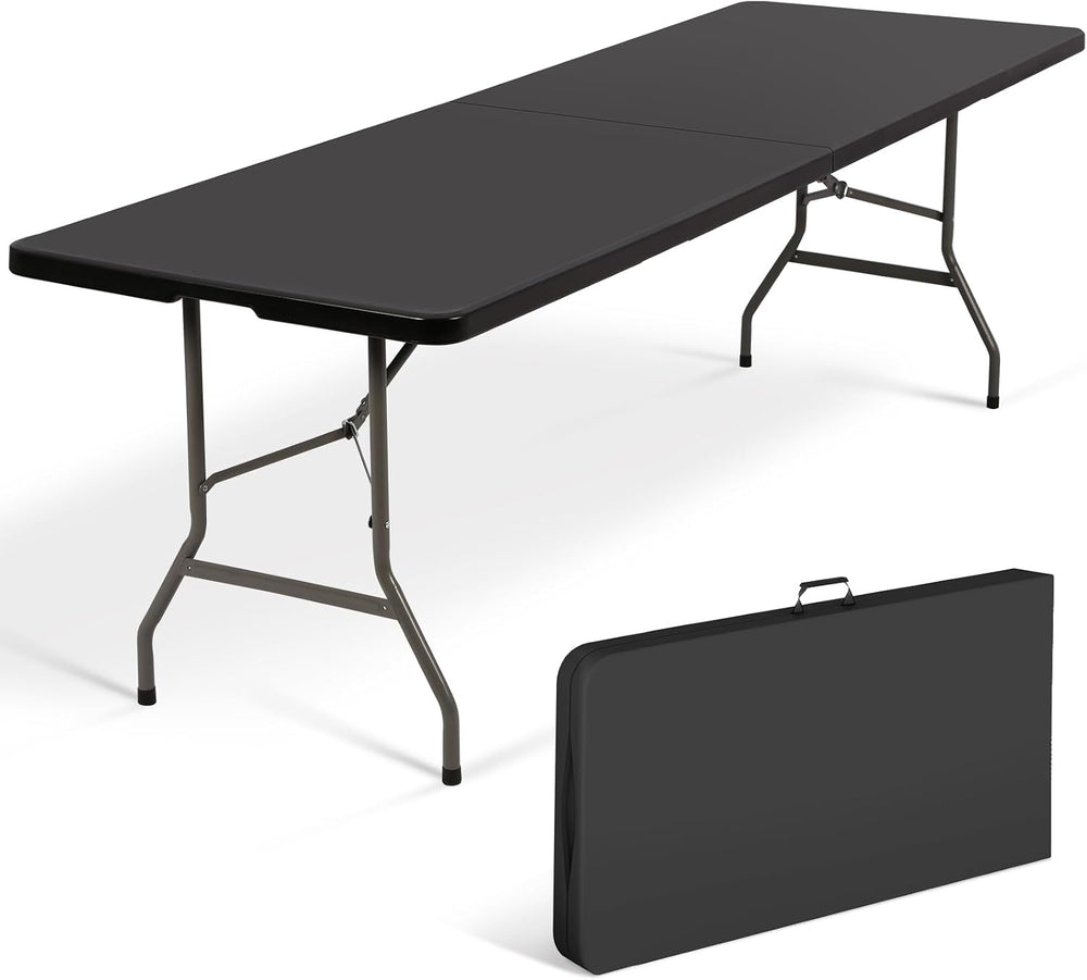 8Ft Folding Table Plastic Portable with Built in Handle & Steel Legs Blac...